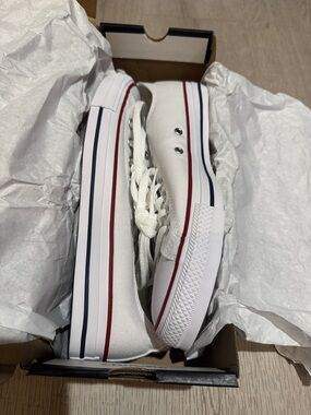Converse White Low Top Sneakers with Red and Navy Stripes
